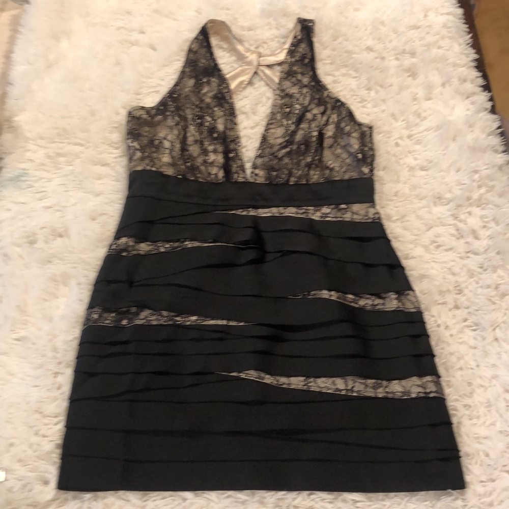 Stunning BEBE layered with satin and lace dress.  Sexy Low deep V cut front. - Picture 12 of 13